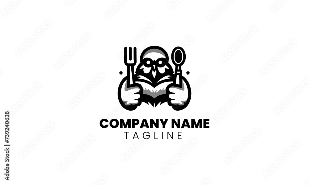 chicken with fork and spoon mascot logo icon , black and white chicken mascot logo icon