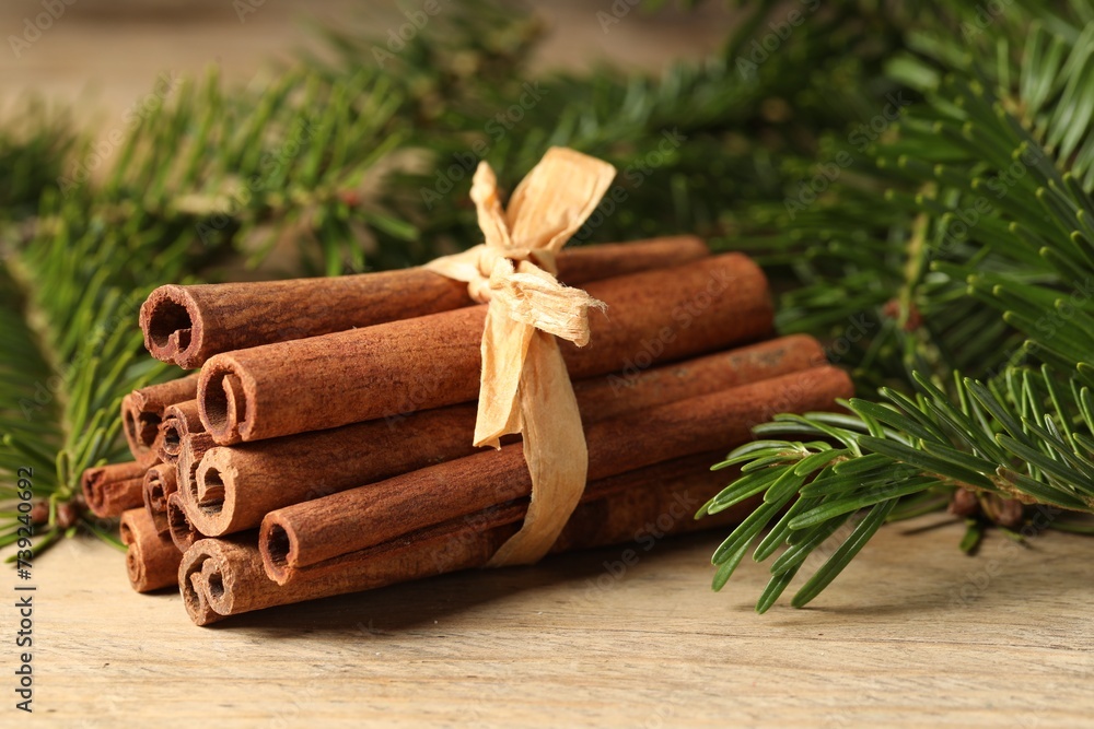 Bunch of cinnamon sticks and fir branches on wooden table, closeup Bunch of cinnamon sticks and fir branches on wooden table, closeup