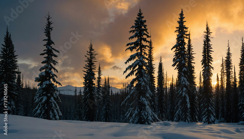 Beauty of dusk settling over the spruce landscape focus on the interplay of shadows and light as the last rays of the sun cast a warm glow on the rugged terrain