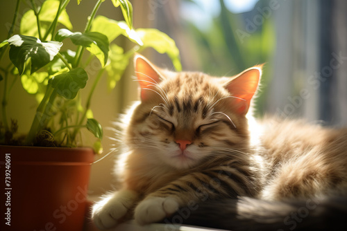 Closeup of fat fluffy a sleepy kitten, with a blurred or bokeh background of a warm, sunlight window sill filled photo