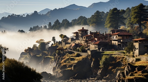 Small mountain village at dawn, houses with traditional architecture, mist in the valleys, conveying the community and culture in high-altitude living photo