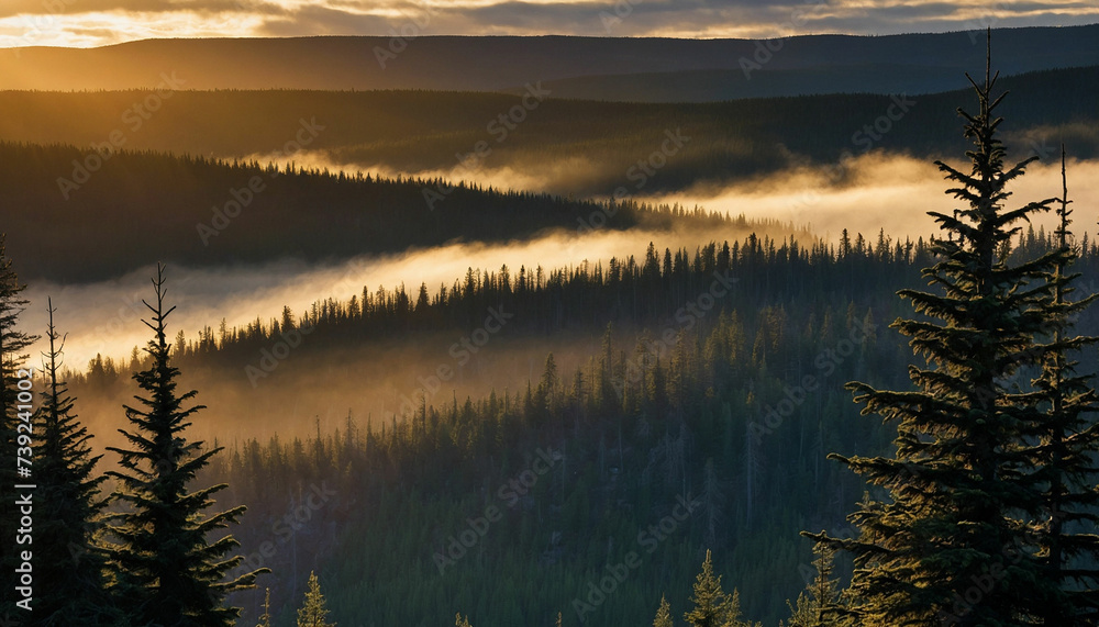 Beauty of dusk settling over the spruce landscape focus on the interplay of shadows and light as the last rays of the sun cast a warm glow on the rugged terrain Beauty of dusk settling over the spruce landscape focus on the interplay of shadows and light as the last rays of the sun cast a warm glow on the rugged terrain