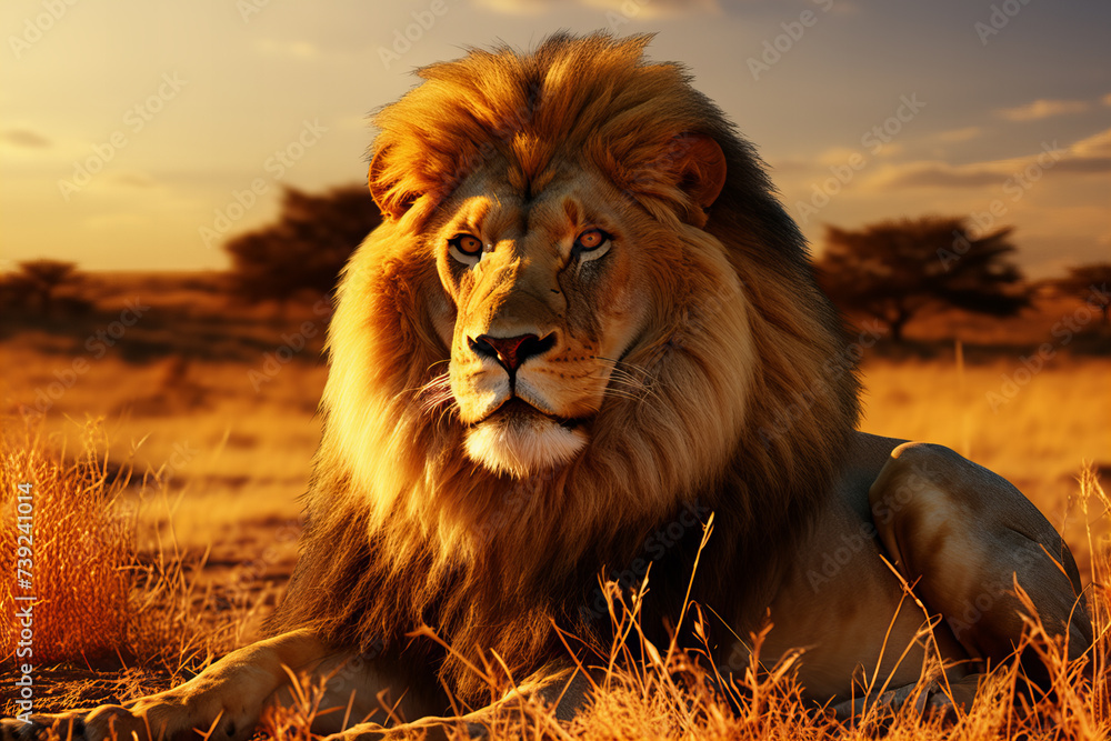 Majestic Male Lion Roaming the Sun-Drenched Savannah