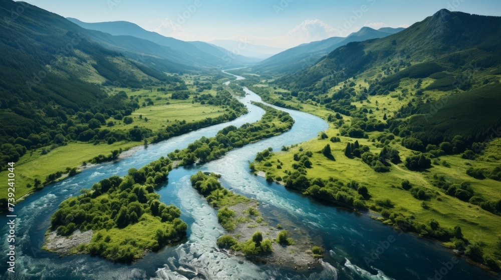 Picturesque river winding through a lush valley, vibrant green foliage along the banks, clear blue water, idyllic and inviting, Photography, aerial sh