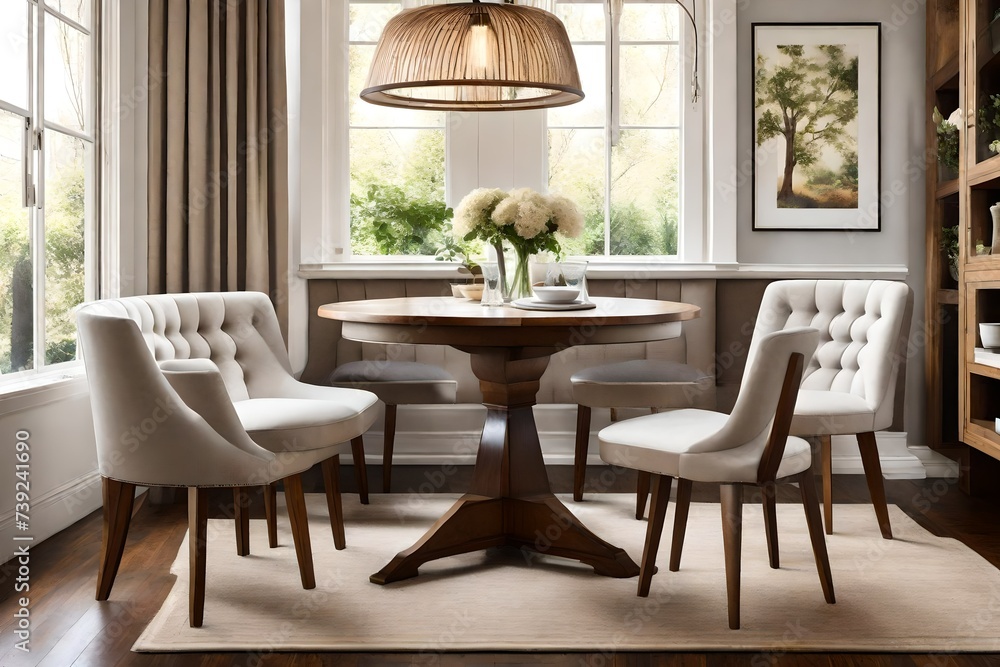 Fototapeta premium Create a cozy and intimate dining nook with a round table and upholstered chairs