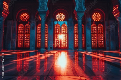 an image for a law firm that represents justice and Islamic culture red and blue tones 