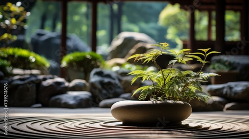 Zen garden in a monastery, neatly raked sand, stones, and minimalistic plants, creating a space for contemplation and inner peace, Photorealistic, Zen © ProVector