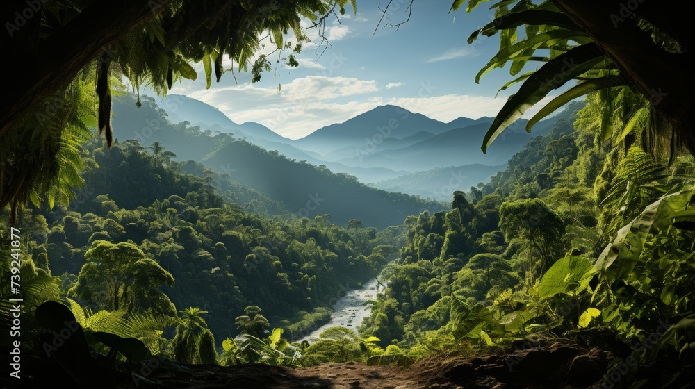 Wide panorama of a dense tropical rainforest, lush green canopy stretching to the horizon, symbolizing the richness and diversity of nature, Photoreal