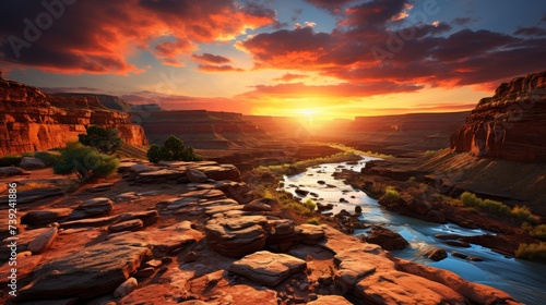 Grand Canyon at sunset, vast colorful rock formations, layers visible, symbolizing the grandeur and history of geological wonders, Photorealistic, Gra