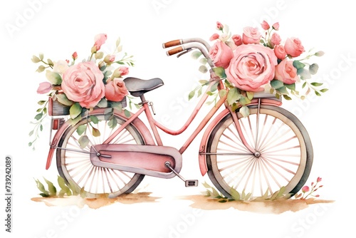 Watercolor painting of a vintage bicycle decorated with vibrant flowers. Concept Watercolor Painting, Vintage Bicycle, Vibrant Flowers, Artwork, Nature Inspiration © Anastasiia