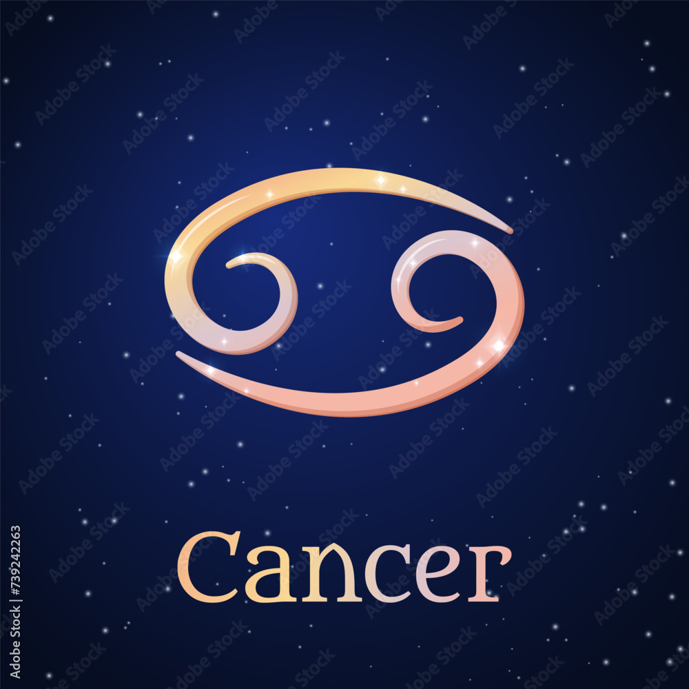 Cancer zodiac sign on dark blue starry sky. Cancer symbol. Astronomy, astrology, horoscope. Cosmos. Fourth zodiac sign - the ruler planet Moon. Element - Water. The Crab. Vector illustration