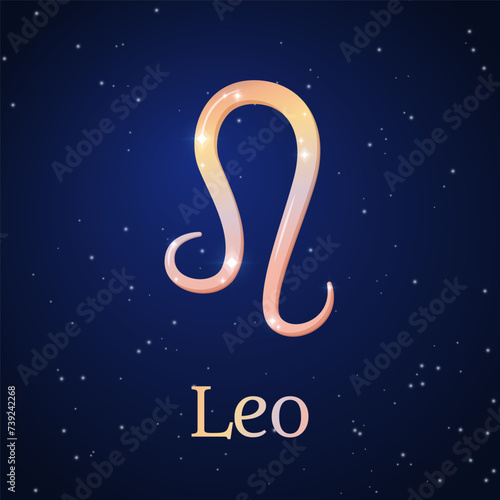 Leo zodiac sign on dark blue starry sky. Leo symbol. Astronomy, astrology, horoscope. Cosmos. Fifth zodiac sign - the ruler planet Sun. Element - Fire. The Lion. Vector illustration