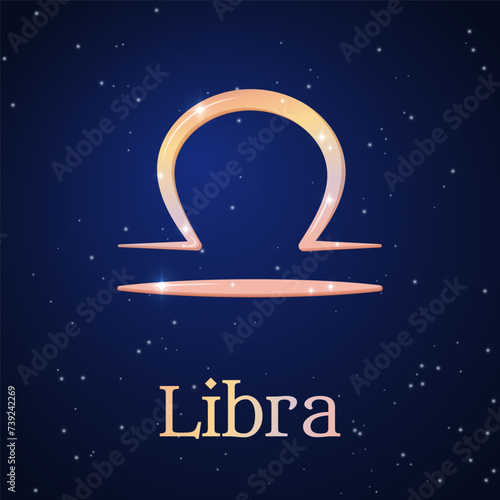 Libra zodiac sign on dark blue starry sky. Libra symbol. Astronomy, astrology, horoscope. Cosmos. Seventh zodiac sign - the ruler planet Venus. Element - Air. The Scales. Vector illustration
