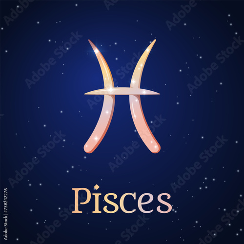 Pisces zodiac sign on dark blue starry sky. Pisces symbol. Astronomy, astrology, horoscope. Cosmos. Twelfth zodiac sign - the ruler planet Neptune. Element - Water. The Fish. Vector illustration