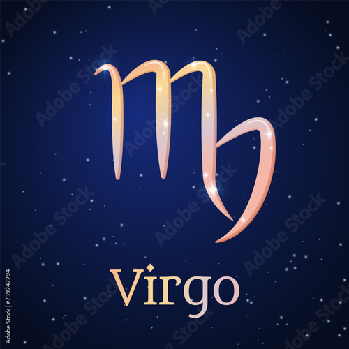 Virgo zodiac sign on dark blue starry sky. Virgo symbol. Astronomy, astrology, horoscope. Cosmos. Sixth zodiac sign - the ruler planet Mercury. Element - Earth. The Maiden. Vector illustration