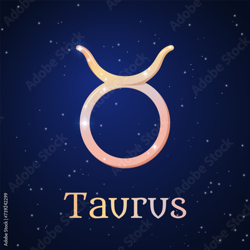 Taurus zodiac sign on dark blue starry sky. Taurus symbol. Astronomy, astrology, horoscope. Cosmos. Second zodiac sign - the ruler planet Venus. Element - Earth. The Bull. Vector illustration