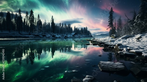 Northern lights (Aurora Borealis) over a frozen lake, reflections on the ice, pine trees in the foreground, capturing the ethereal beauty of polar ski