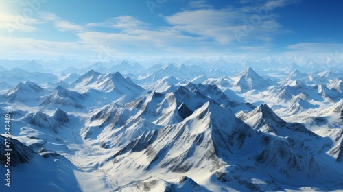 Snow-covered mountain range from the air, showcasing the majesty and isolation of the terrain, Photorealistic, aerial mountain photography, 85mm lens,