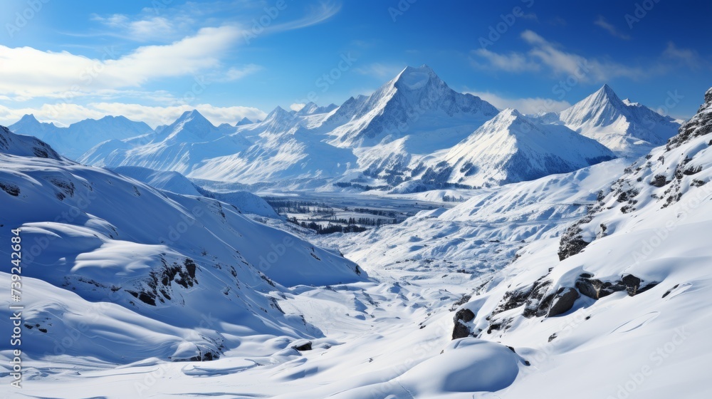 Majestic snow-covered mountain range under a clear blue sky, sunlight glinting off the peaks, conveying the grandeur and serenity of winter mountains,