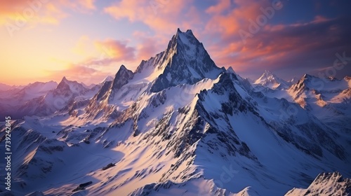 Panoramic view of a majestic mountain range at sunrise, peaks covered in snow, alpenglow on the mountaintops, conveying the grandeur of high-altitude © ProVector