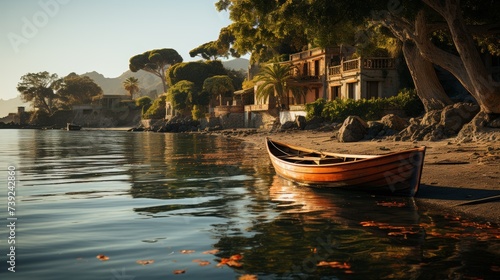 Quiet fishing village at sunrise  boats moored near the shore  serene atmosphere  focusing on the simplicity and beauty of coastal life in the tropics