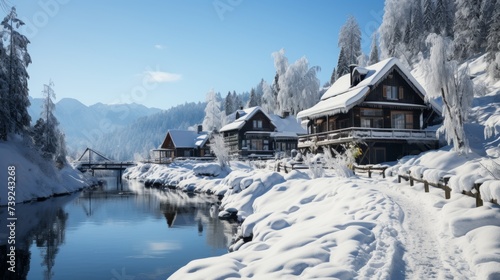 Winter scene in an isolated village, snow-covered roofs and paths, a quiet, introspective ambiance, Photography, capturing the stillness of winter, te