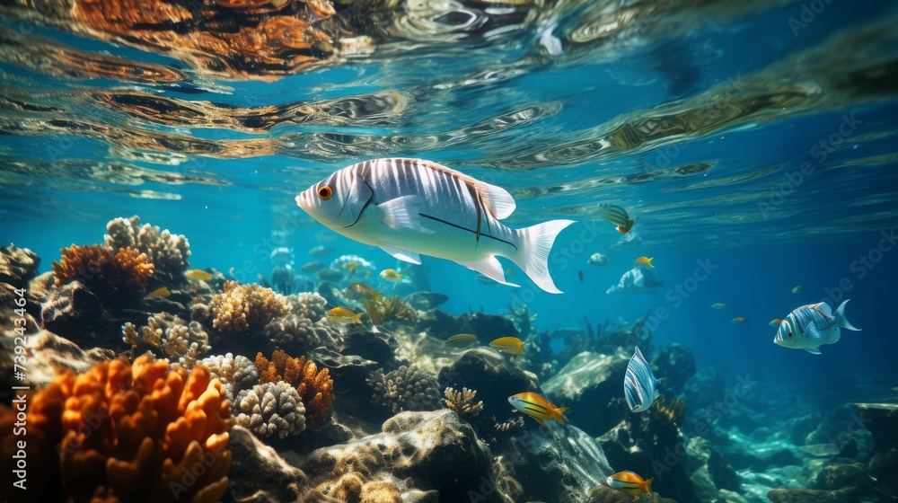 Naklejka premium School of tropical fish swimming over a coral reef, variety of species, conveying the movement and life in a healthy reef, Photorealistic, school of f