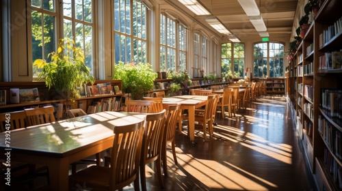 Quiet college library, rows of bookshelves and study tables, focused ambiance, windows showing campus outside, capturing the academic spirit of higher