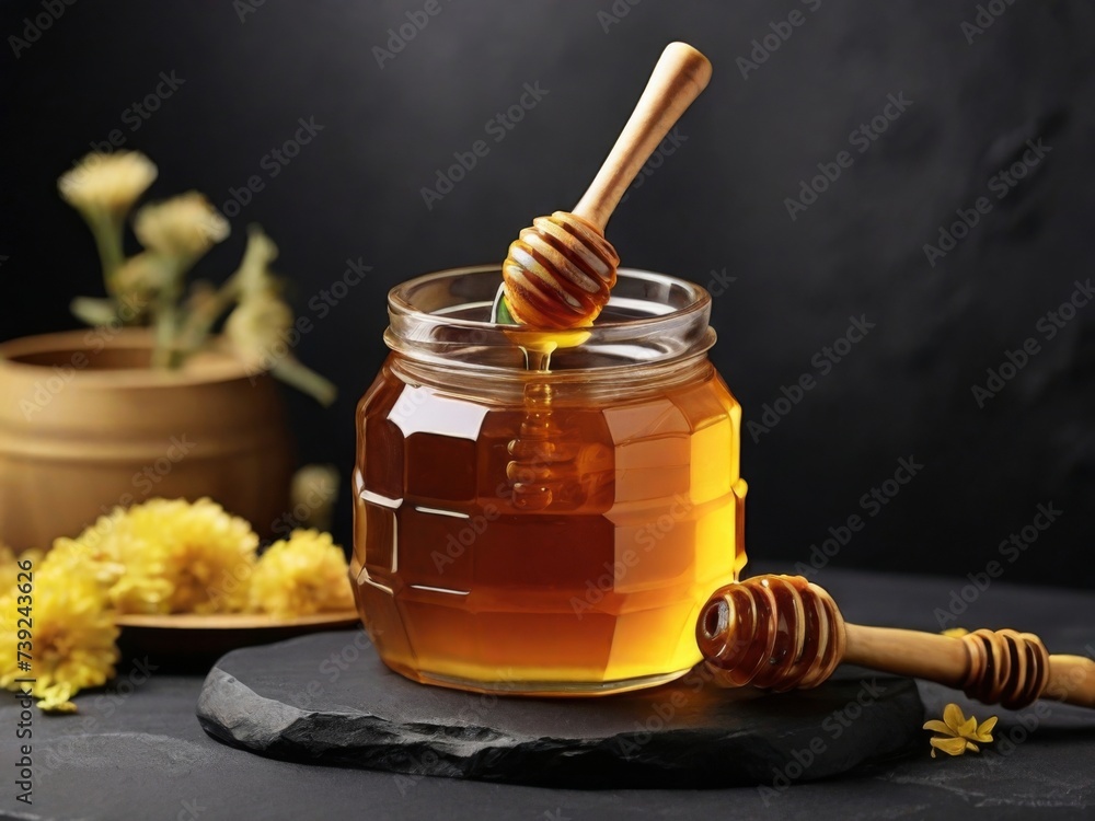 Honey nestled within a jar, accompanied by a wooden honey dipper Honey nestled within a jar, accompanied by a wooden honey dipper