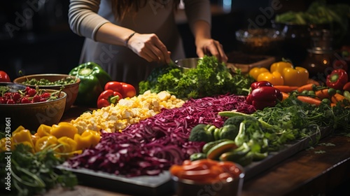 Vegan meal preparation, hands chopping vegetables, variety of colorful produce and spices, conveying the process and creativity in vegan cooking, Phot