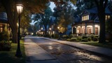 Quiet residential street at twilight, street lamps lit, houses with warm lights from windows, showcasing the peaceful and close-knit suburban communit