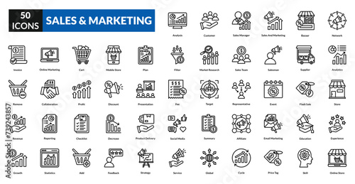 Sales And Marketing linear icon collection set. includes business, marketing, strategy, management, customer, analysis, sales, growth, concept, technology