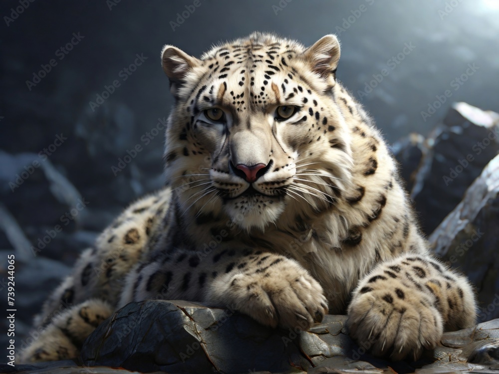 Naklejka premium Snow leopard camouflage among the rocky terrain