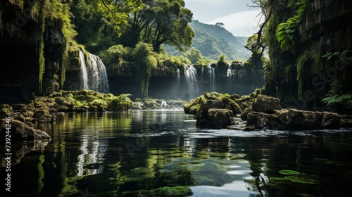 Majestic waterfall cascading into a crystal-clear pool, lush greenery surrounding, mist rising, capturing the power and beauty of natural waterfalls, © ProVector