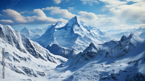 Snow-covered mountain range from the air, peaks and valleys highlighted, conveying the majesty and isolation of mountainous terrain, Photorealistic, d