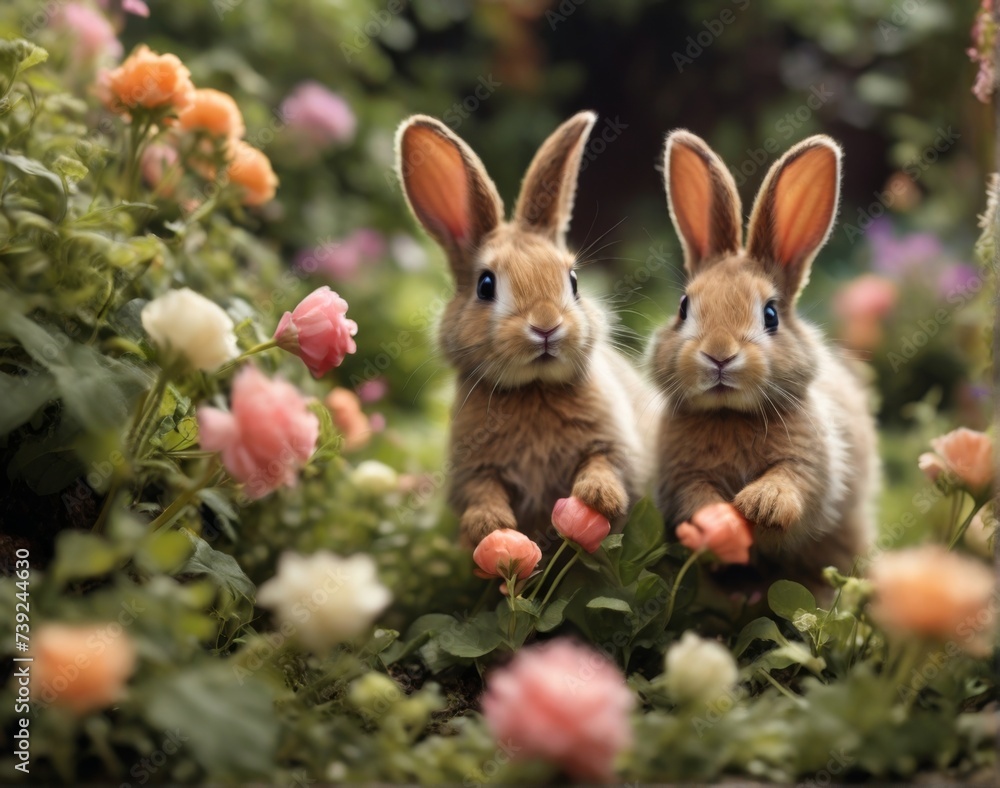 Two adorable rabbits racing each other in a lush garden Two adorable rabbits racing each other in a lush garden