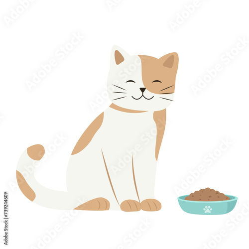 Cute cat sitting near a bowl of food.Feeding pet with kibble or wet food. Flat vector illustration