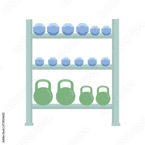 Shelves with dumbbells and kettlebells. Gym equipment. Sporting goods.Vector illustration