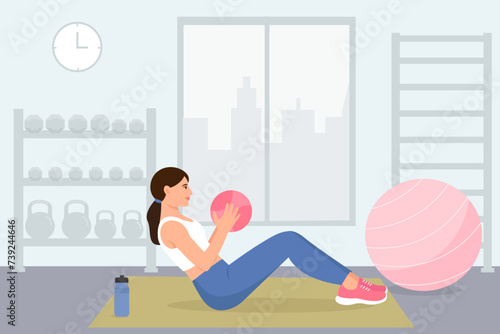 Sportswoman doing exercises with medicine ball in gym.Weight Loss Concept Vector illustration