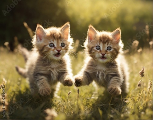 Two fluffy kittens chasing each other playfully through a sunlit meadow