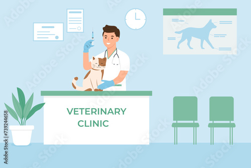 Veterinary clinical help.Vet doctor appointment.  Medical treatment,vaccination animal health care.Vector illustration