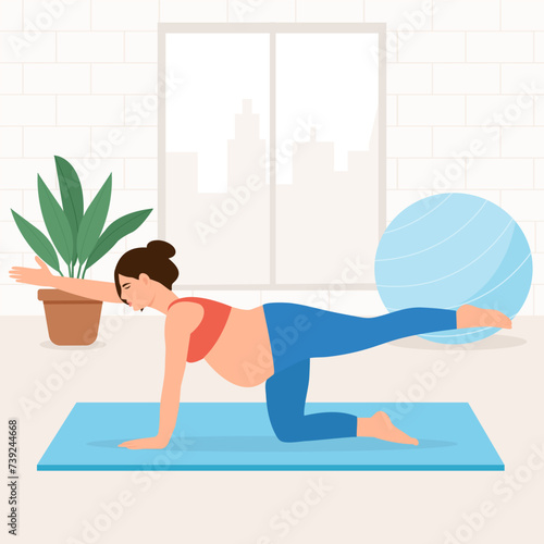 Pregnant woman meditates in her room or apartment.Prenatal stretching.  Concept yoga, meditation, relax, health, pregnancy, motherhood. Flat vector illustration.