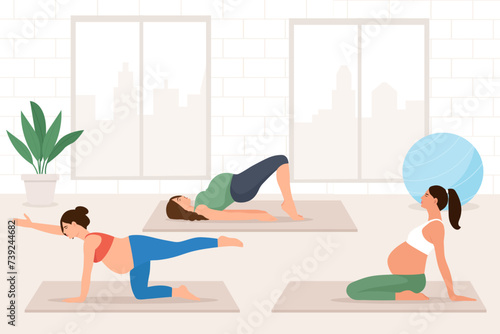 Pregnant women practice yoga. Women doing exercises, meditation, pilates, breathing practice in yoga class. Vector illustration