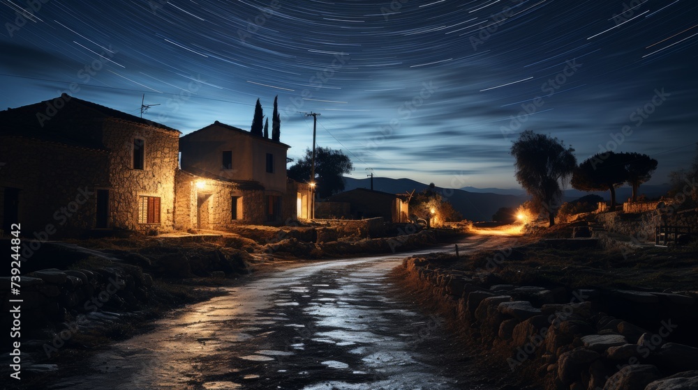 Night in a secluded village, starry sky above, houses dimly lit, a sense of solitude and calm, Photography, astrophotography techniques, long exposure - obrazy, fototapety, plakaty 