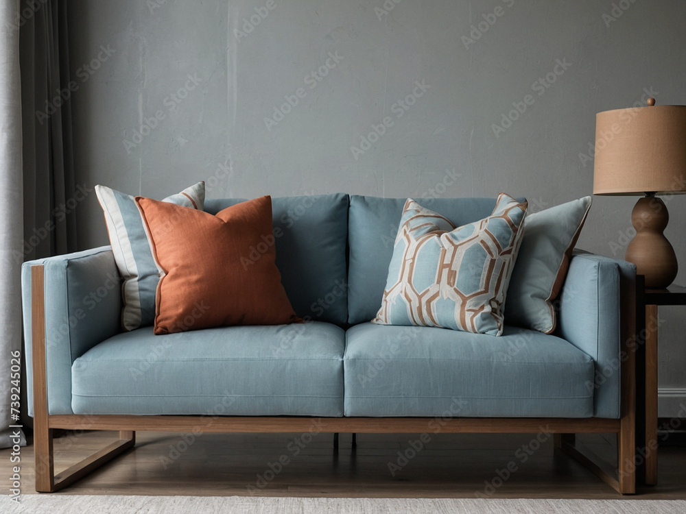 Close up of fabric sofa with Light blue and terra cotta pillows. Minimal home interior design of modern living room. - obrazy, fototapety, plakaty 