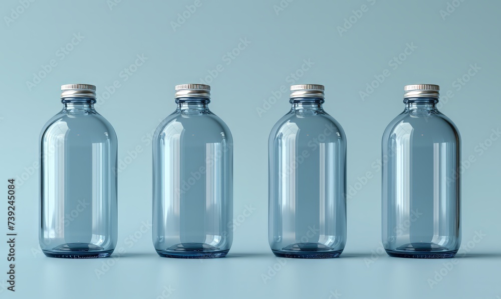 Empty transparent bottles with caps on a blue background. Empty transparent bottles with caps on a blue background.