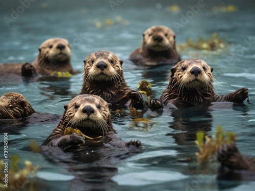 Playful sea otters floating on their backs in a tranquil kelp forest