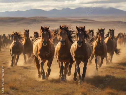 Wild horses galloping across the open plains