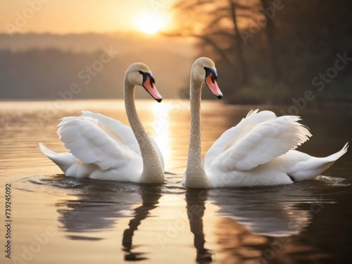 Graceful swans gliding across a tranquil lake at dawn