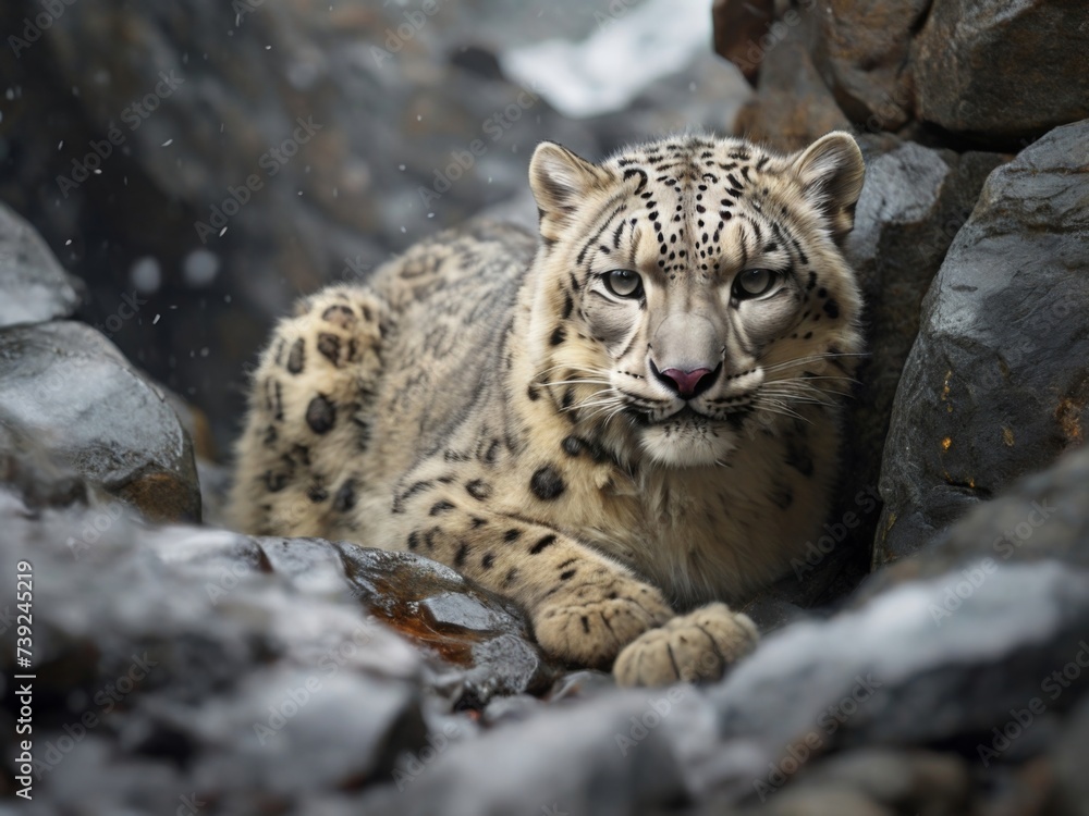 Snow leopard camouflage among the rocky terrain